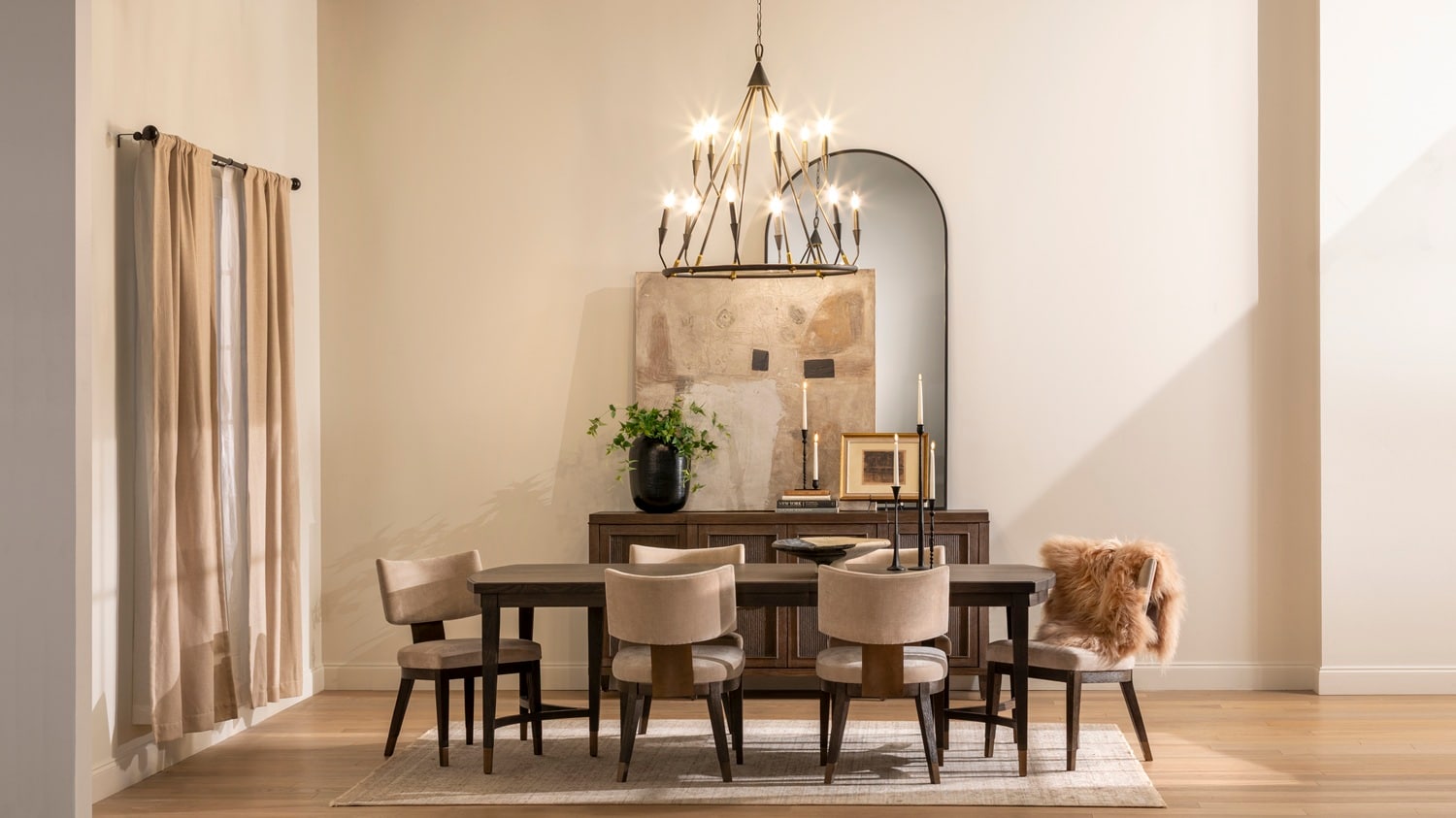 Wood and upholstered dining set with soft accents